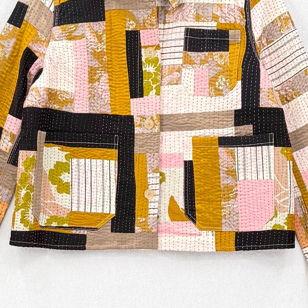 Ssōne Kantha Jacket Women 14 Yellow Cream Boho Quilted Patchwork Chore Button Up - Picture 7 of 13